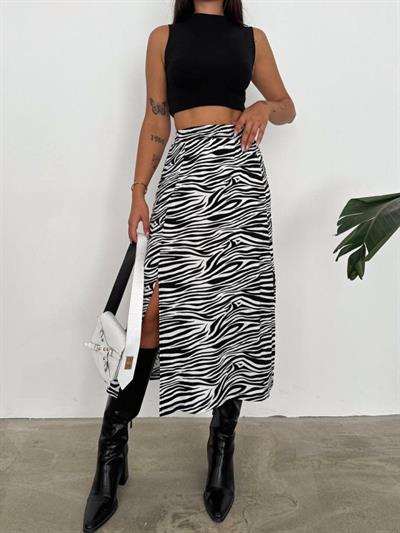 Kadın Yüksek Bel çift Yırtmaç Detay Midi Boy Etek