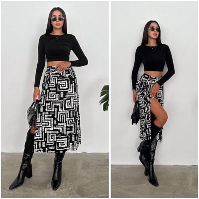 Kadın Yüksek Bel çift Yırtmaç Detay Midi Boy Etek