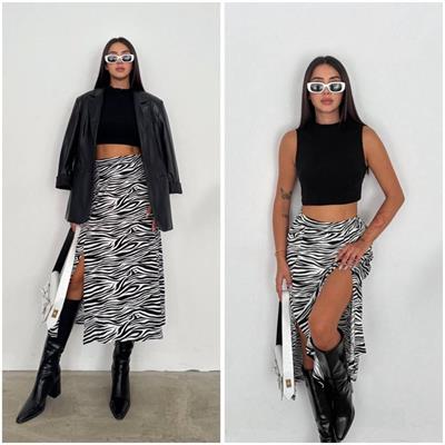 Kadın Yüksek Bel çift Yırtmaç Detay Midi Boy Etek