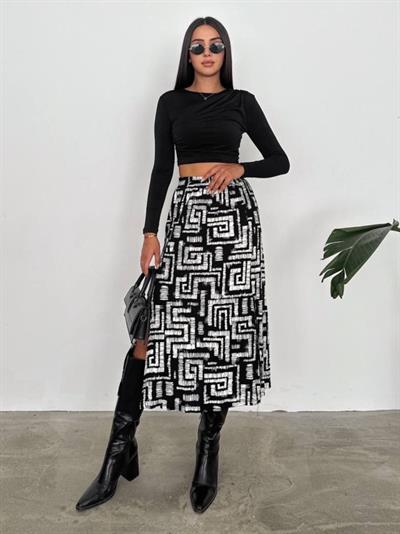 Kadın Yüksek Bel çift Yırtmaç Detay Midi Boy Etek