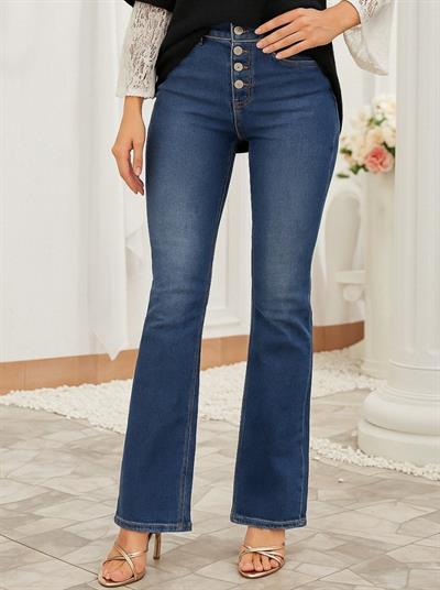 Kadın Yüksek Bel önden Düğmeli Cep Detay Ispanyol Paça Denim Pantolon
