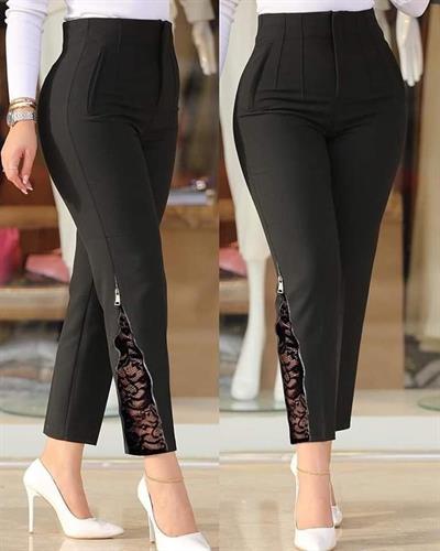 Kadın Yüksek Bel önden Nervürlü Ve Fermuarlı Yandan Dantelli Ithal Krep Pantolon