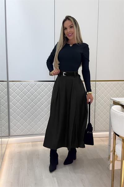 Kadın Yüksek Belli Maxi Deri Kemersiz Etek