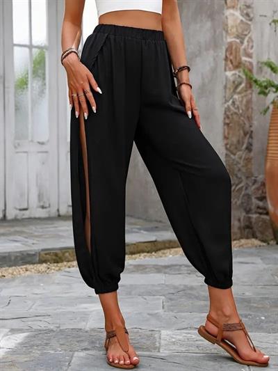 Kadın Yüksek Belli Yanlardan çapraz Detay Yırtmaçlı Viskon Pantolon