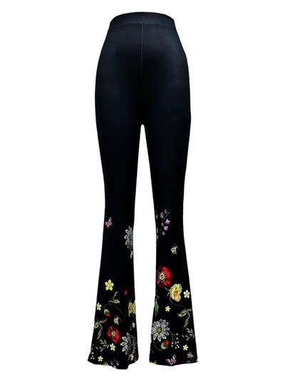 Kadın Yüksek Belli çiçek Desenli Ispanyol Paçalı Dalgıç Tayt Pantolon