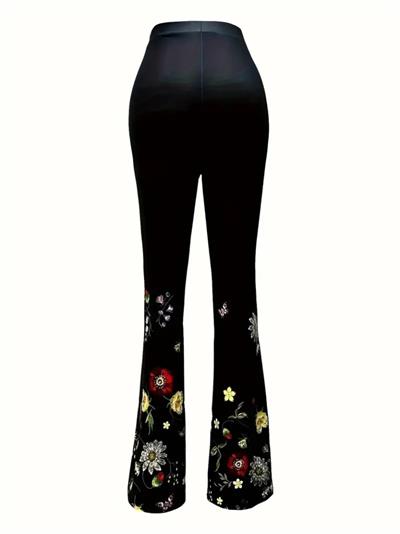 Kadın Yüksek Belli çiçek Desenli Ispanyol Paçalı Dalgıç Tayt Pantolon