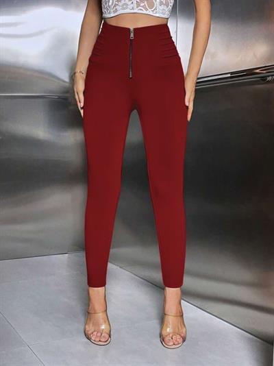 Kadın Yüksek Belli önden Fermuar Ve Nervur Detaylı Dalgıç Tayt