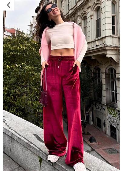 Kadın Yüksek Ben Beli Lastik Detay Kadife Kumaş Bol Paça Pantolon