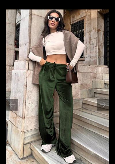 Kadın Yüksek Ben Beli Lastik Detay Kadife Kumaş Bol Paça Pantolon