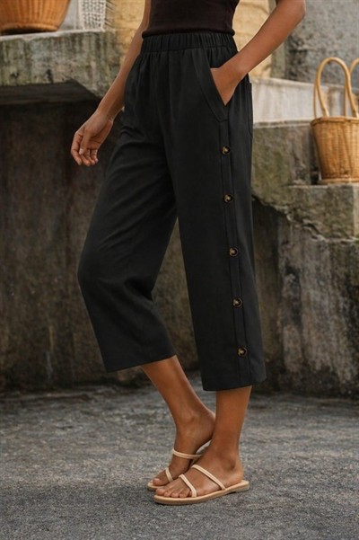 Kadın Yüksel Bel Lastikli Yandan Dügme Detaylı Midi Pantolon