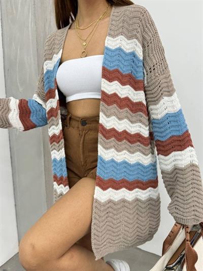 Kadın Zigzag Desenli Triko Kumaşmerserize Oversize Hırka