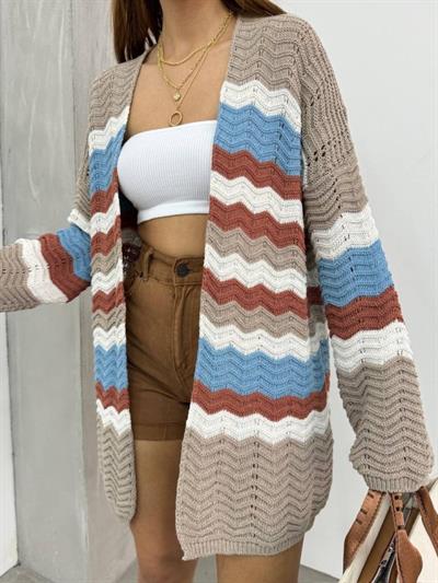 Kadın Zigzag Desenli Triko Kumaşmerserize Oversize Hırka