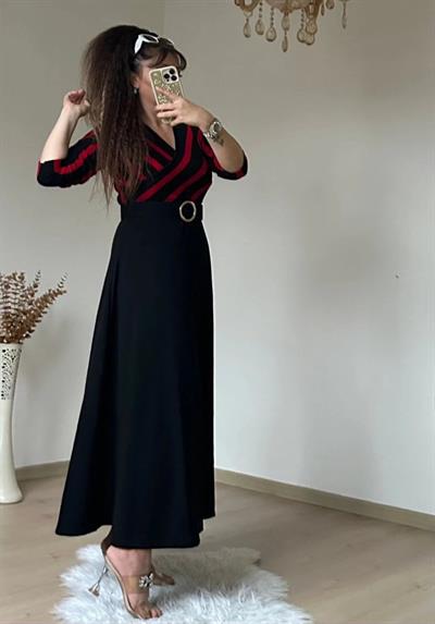 Kadın çizgi Detay Kruvaze Yaka Maxi Boy Triko Elbise