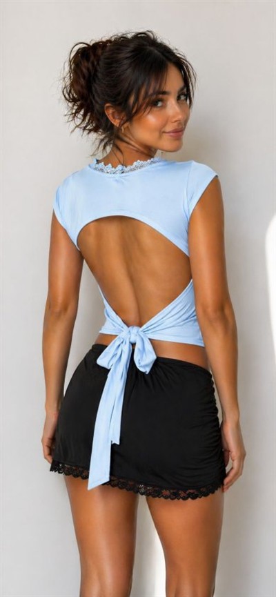 Kadın ön Arka Dantel Detay Kuşaklı Bluz