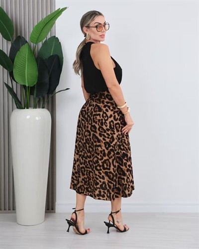 Kadın önden Bağlamalı Leopar Desenli Süprem Uzun Etek