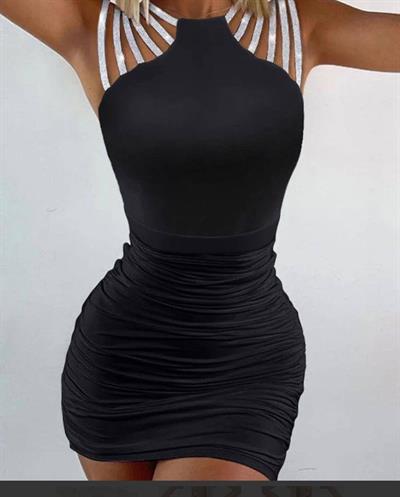 Kadın örme Kristal Kumaş Simli şerit Detaylı Mini Elbise