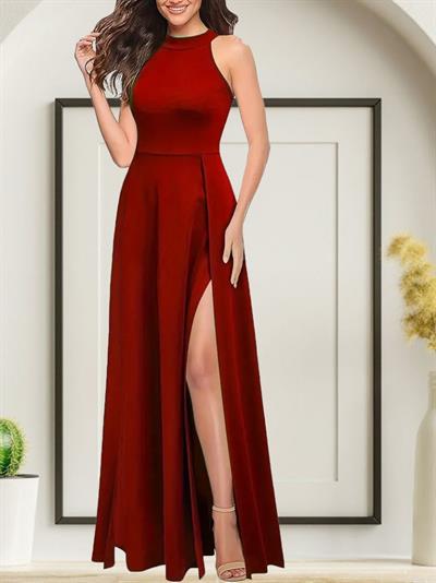 Kadınhalter Yaka Derin Yırtmaç Detaylı Tam Boy Ithal Krep Abiye Elbise