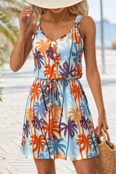 Kadını Askılı V Yakalı Duğme Detaylı Desenli Kısa Süprem Elbise