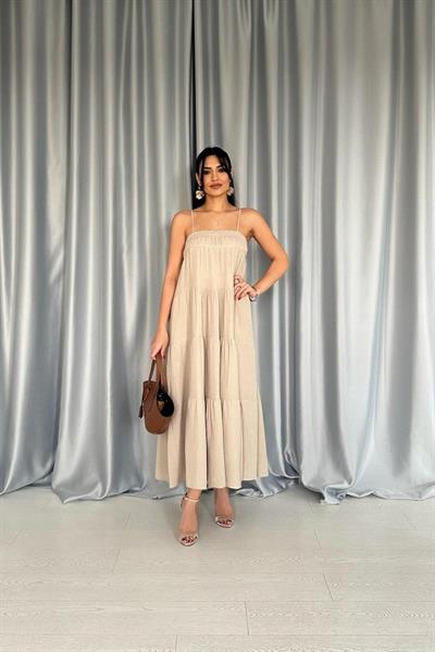 Kahverengi Askılı Parçalı Çizgili Müslin Elbise