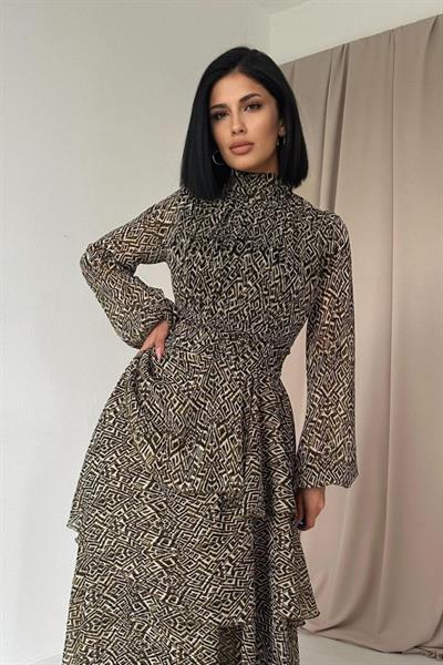 Kahverengi Bel Detaylı Elbise