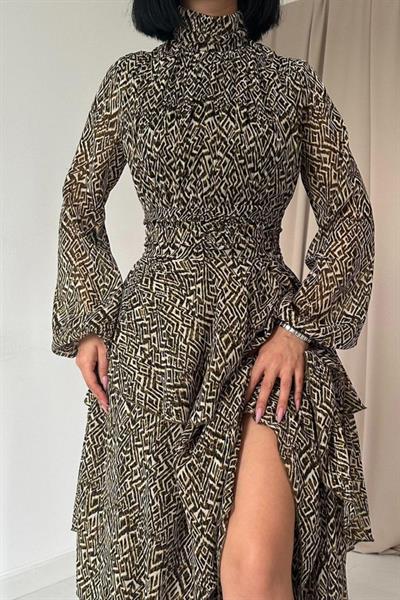 Kahverengi Bel Detaylı Elbise