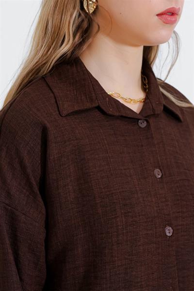 Kahverengi Oversize Keten Alt Üst Takım 6622