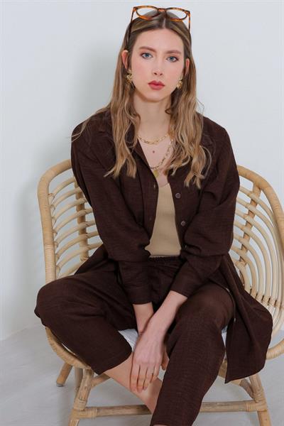 Kahverengi Oversize Keten Alt Üst Takım 6622