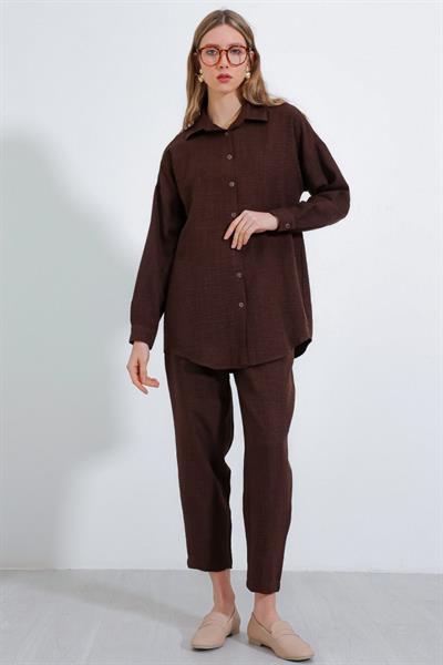 Kahverengi Oversize Keten Alt Üst Takım 6622