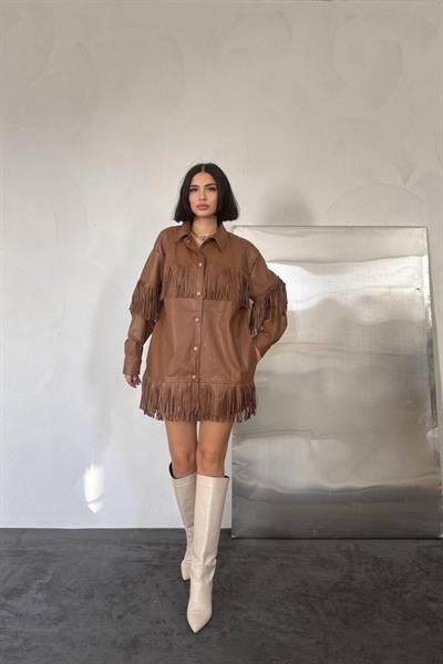 Kahverengi Püsküllü Deri Gömlek