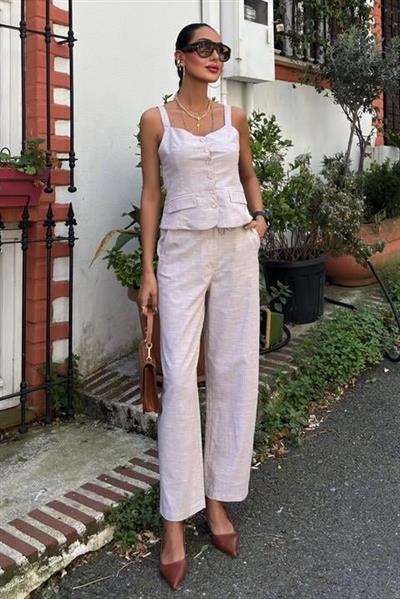 Kalın Askılı Bluz Pantolon Keten Takım 10187