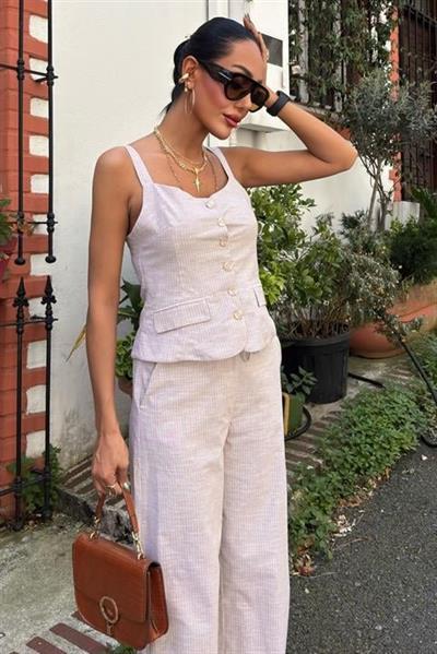 Kalın Askılı Bluz Pantolon Keten Takım 10187