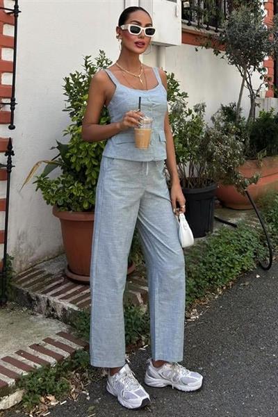 Kalın Askılı Bluz Pantolon Keten Takım 10187