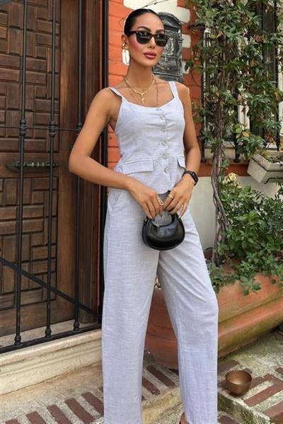 Kalın Askılı Bluz Pantolon Keten Takım 10187