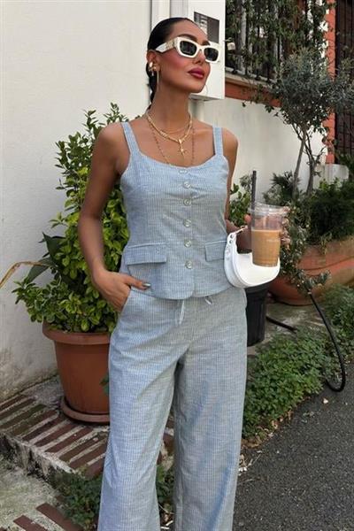 Kalın Askılı Bluz Pantolon Keten Takım 10187