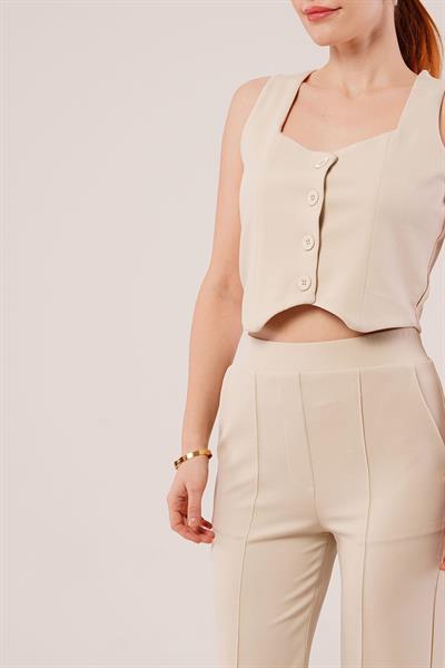 Kalın Askılı Düğmeli Yelek Ve Pantolon Bej Takım