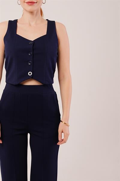 Kalın Askılı Düğmeli Yelek Ve Pantolon Lacivert Takım