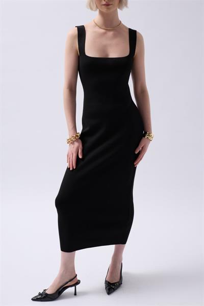 Kalın Askılı Midi Elbise