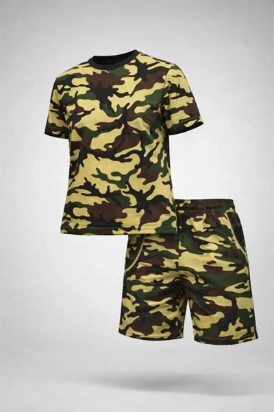Kamuflaj Desenli Tişört Şort Takım – Günlük Rahat Kesim Yazlık 2’li Kombin - Kamuflaj