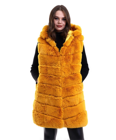 Kapşonlu Peluş Kürk Yelek Premium Kalite, Tam Astarlı, Uzun Model - Sarı