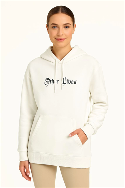 Kapşonlu Sweatshirt – Oversize Üç İplik Şardonlu Hoodie, “Other Lives” Ön - Arka Baskılı, Kanguru Cepli, Kışlık Rahat Günlük Stil - Beyaz