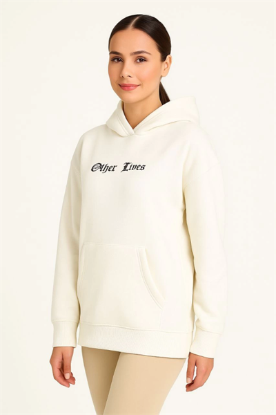 Kapşonlu Sweatshirt – Oversize Üç İplik Şardonlu Hoodie, “Other Lives” Ön - Arka Baskılı, Kanguru Cepli, Kışlık Rahat Günlük Stil - Beyaz
