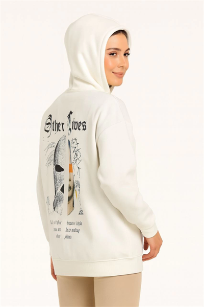 Kapşonlu Sweatshirt – Oversize Üç İplik Şardonlu Hoodie, “Other Lives” Ön - Arka Baskılı, Kanguru Cepli, Kışlık Rahat Günlük Stil - Beyaz