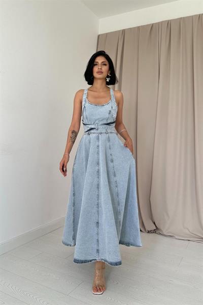 Kar Yıkama Midi Boy Bantlı Kot Elbise