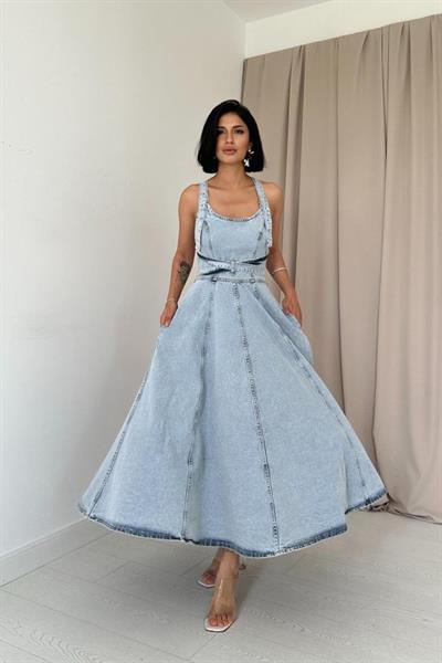 Kar Yıkama Midi Boy Bantlı Kot Elbise