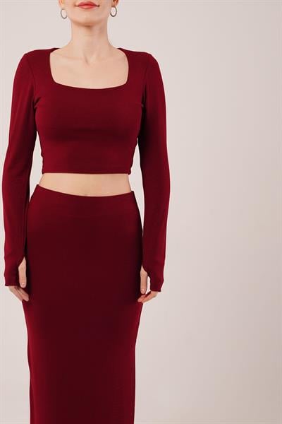 Kare Yaka Bluz Ve Yırtmaç Detaylı Etek İkili Bordo Takım