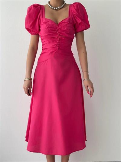 Kare Yaka Düğmeli Elbise