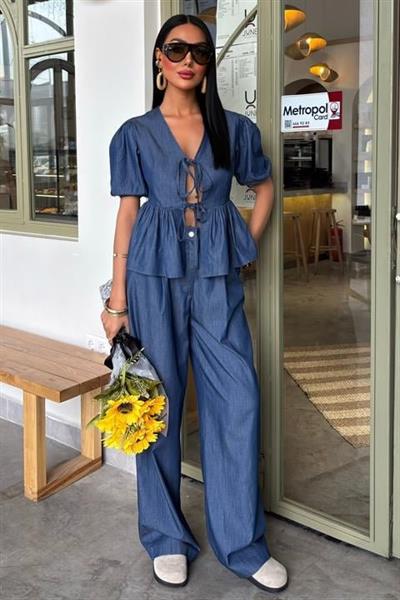 Karpuz Kol Önü Bağcıklı Plazzo Pantolon Tensel Takım 10177