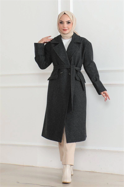 Kaşe Kaban – Uzun Boy 115 Cm Kruvaze Yaka Kuşaklı Astarlı Kışlık Tesettür Kaban, Yünlü Dokuma Kaşmir Kumaş, Cepli Oversize Rahat Kalıp Şık Modern Kaban Mont Modeli (Günlük Ve Özel Gün Kombinlerine Uygun) - Siyah