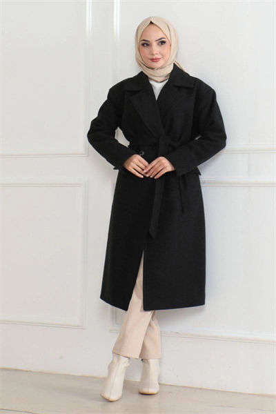 Kaşe Kaban – Uzun Boy Kruvaze Yaka, Kuşaklı Tesettür Kışlık Kaban, Astarlı Şık Yünlü Dokuma Oversize Rahat Kalıp, Cepli Modern Kaşe Mont Modeli - Siyah