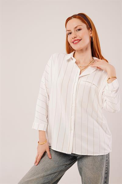 Katlanabilir Kol Ve Cep Detaylı Camel Çizgili Gömlek